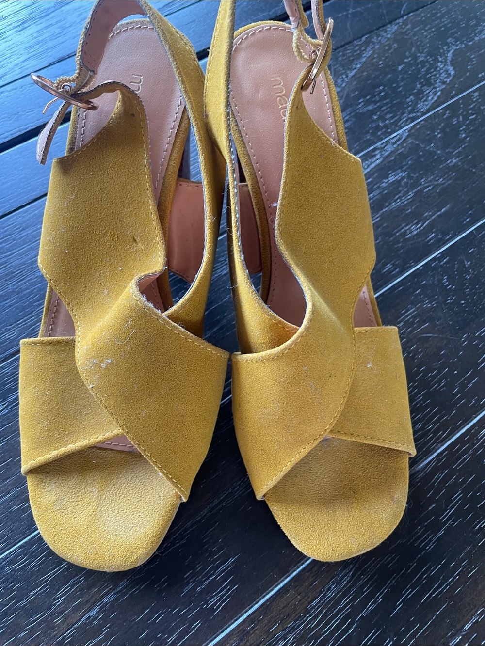 Maurices Mustard Yellow Suede Crisscross Slingback Heels
